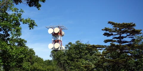 Telecommunication tower in the middle of the vegetation of the trees. Telecom tower antennas and satellite transmits the signals of cellular 5g 4g mobile signals to the consumers and smartphones. © DVisions