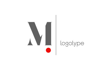M red grey white unique alphabet letter logo for business. Creative corporate identity and lettering . Company branding icon design with red dot