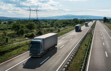 Convoy of Blue transportation  trucks in line as a caravan or convoy on a countryside highway under a blue sky