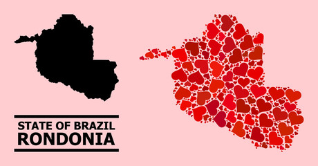 Love mosaic and solid map of Rondonia State on a pink background. Mosaic map of Rondonia State composed with red lovely hearts. Vector flat illustration for love abstract illustrations.