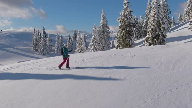 AERIAL: Flying around a female tourist ski touring in Velika Planina, Slovenia. Fit young woman hikes up a hill covered in fresh powder snow during a splitboarding trip in the scenic white mountains.