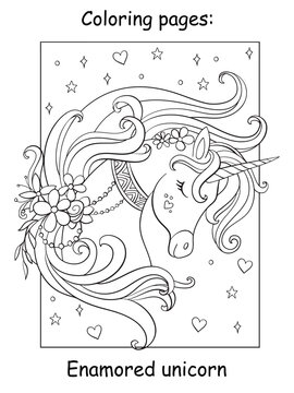 Beauty unicorn with flowers and stars coloring vector