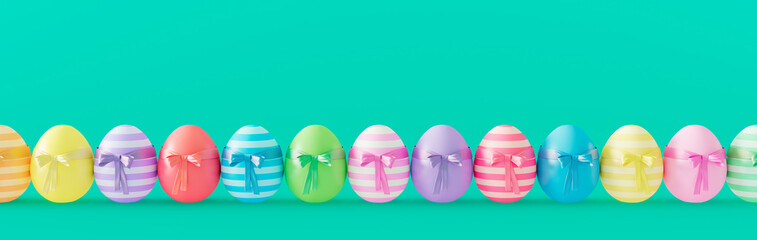 Colorful Easter eggs on green background, Happy Easter greeting card 3D render 3D illustration