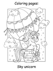 Cute unicorn flying in hot air balloon in the sky coloring vector