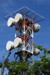 Telecommunication tower in the middle of the vegetation of the trees. Telecom tower antennas and...
