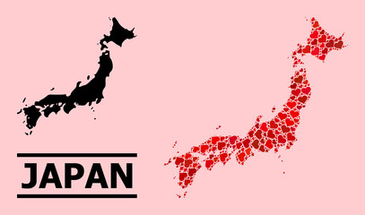 Love collage and solid map of Japan on a pink background. Collage map of Japan is formed with red love hearts. Vector flat illustration for love abstract illustrations.