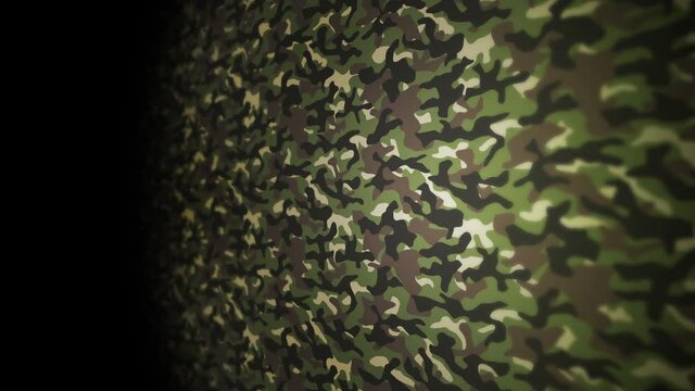 Green camouflage pattern background. Military uniform concept. Abstract line and wave texture. Loop animation.