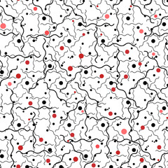 Seamless geometric background. Red, black, pink spheres, specks, intertwined wavy lines on a white backdrop. For textiles, decor, packaging, wallpaper, fabrics, t-shirts, scarves, interior design
