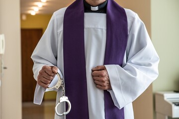 Catholic priest with handcuffs. Church and crime concept