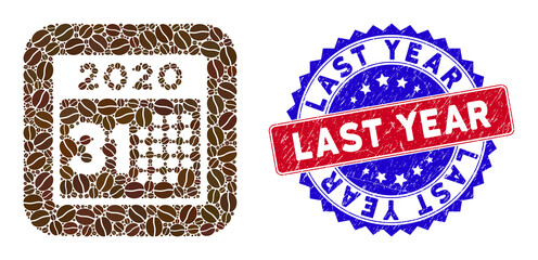 Vector mosaic last 2020 day and grunge bicolor Last Year seal stamp. Mosaic last 2020 day designed as stencil from rounded square with coffee beans.