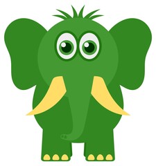 Elephant graphic. Cute, green, fat, lovely and curious. Cartoon African animal looking around. Male with large tusks and big ears.