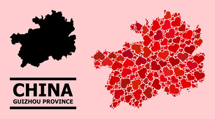 Love mosaic and solid map of Guizhou Province on a pink background. Mosaic map of Guizhou Province is formed with red valentine hearts. Vector flat illustration for marriage concept illustrations.