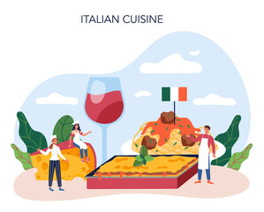 Tasty lasagna. Italian delicious cuisine on the plate. People cooking