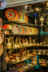 Fototapeta premium Arab souvenir shop with colored dishes