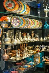 Arab souvenir shop with colored dishes
