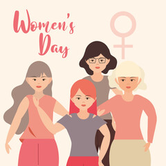 womens day, female standing together characters