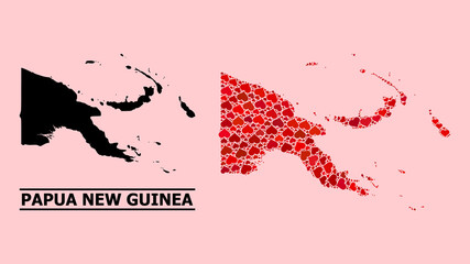 Love mosaic and solid map of Papua New Guinea on a pink background. Mosaic map of Papua New Guinea is composed with red lovely hearts. Vector flat illustration for marriage conceptual illustrations.