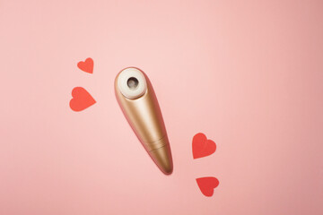 Woman vibrator flat lay banner. Valentines day. Sex toys wallpaper. Pink paper hearts 