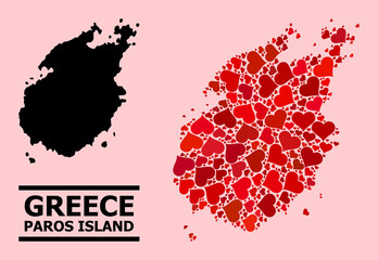 Love collage and solid map of Paros Island on a pink background. Mosaic map of Paros Island is created from red love hearts. Vector flat illustration for love conceptual illustrations.