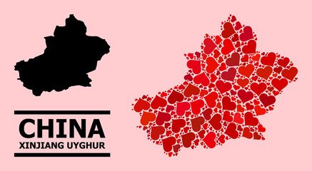 Obraz premium Love collage and solid map of Xinjiang Uyghur Region on a pink background. Mosaic map of Xinjiang Uyghur Region is designed with red valentine hearts.