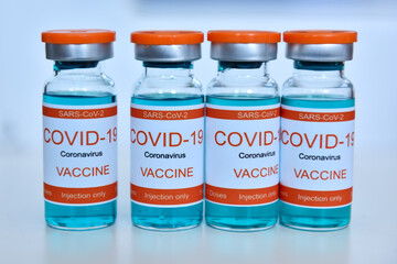 Coronavirus vaccine vial bottle for injection.