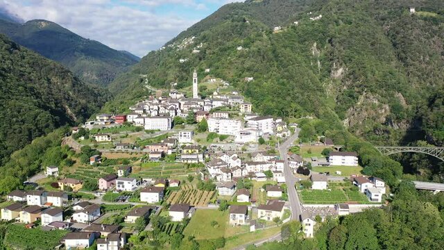 Scenic aerial view of Swiss hamlet of Intragna in Centovalli valley in Alpine highlands in summertime, Locarno district, canton Ticino 