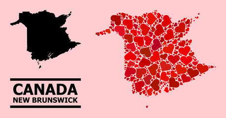 Love pattern and solid map of New Brunswick Province on a pink background. Mosaic map of New Brunswick Province is composed with red valentine hearts.