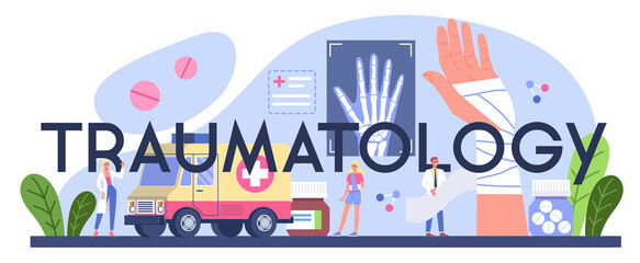 Naklejka premium Traumatology typographic header. Injured limb, broken bone or sprain.
