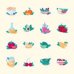 healthy meals breakfast cereal salad juice fruits and vegetables icons