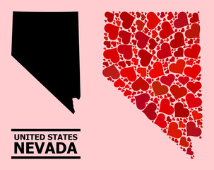 Love mosaic and solid map of Nevada State on a pink background. Mosaic map of Nevada State created with red lovely hearts. Vector flat illustration for marriage abstract illustrations.