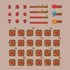 GUI elements for game design in the style of voodoo. Includes buttons with icons, numbers, progress bar and adding bonuses.