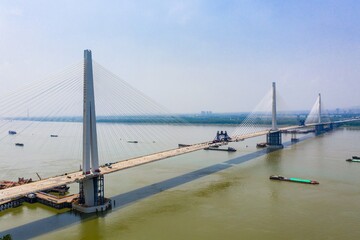 Aerial view of fifth Yangtze river bridge which is under construction in Nanjing City