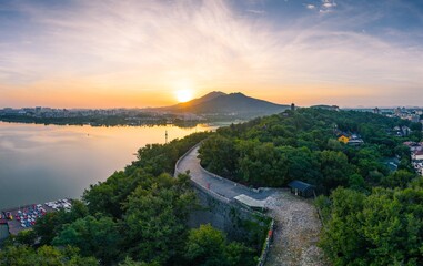 Sunrise over Xuanwu lake in Nanjing city in summer