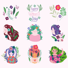 womens day, set women flowers lettering portrait celebration cartoon