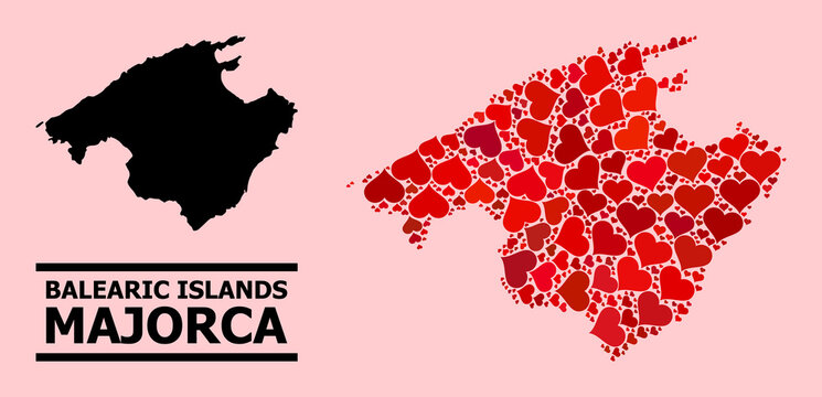 Love mosaic and solid map of Majorca on a pink background. Mosaic map of Majorca created with red love hearts. Vector flat illustration for dating abstract illustrations.