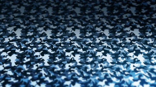 Blue camouflage pattern background. Military uniform concept. Abstract line and wave texture. Loop animation.