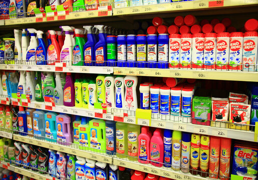 Kaliningrad, Russia - January 31, 2021: Cleaning products on supermarket shelves.