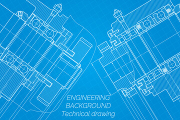 Mechanical engineering drawings on blue background. Milling machine spindle. Technical Design. Cover. Blueprint.