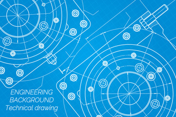 Mechanical engineering drawings on blue background. Milling machine spindle. Technical Design. Cover. Blueprint.