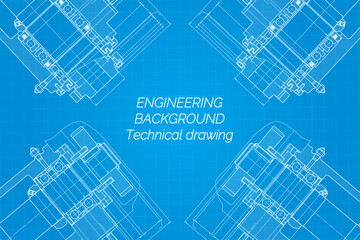 Mechanical engineering drawings on blue background. Milling machine spindle. Technical Design. Cover. Blueprint.