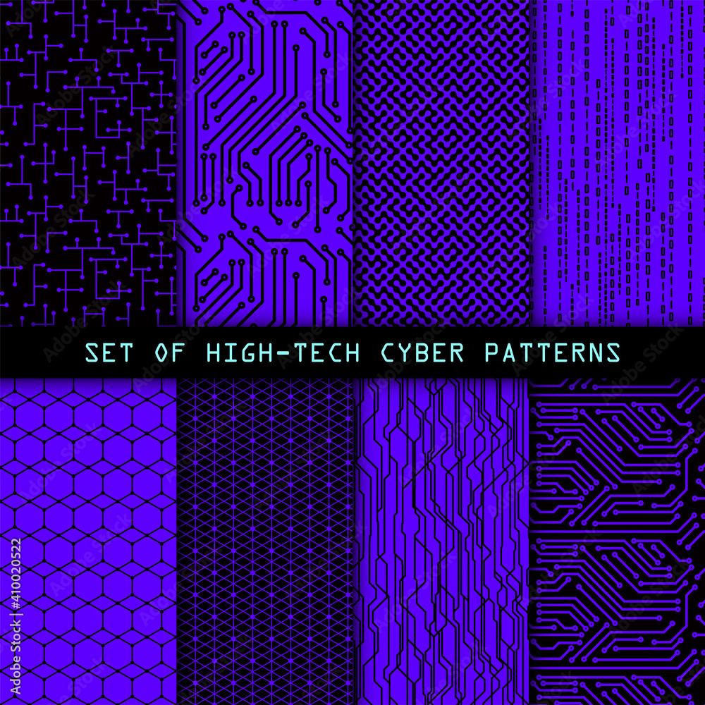 Poster Set of seamless cyber patterns. Circuit board texture. Digital high tech style vector backgrounds.