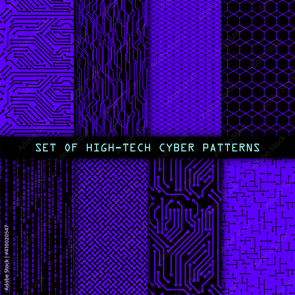 Poster Set of seamless cyber patterns. Circuit board texture. Digital high tech style vector backgrounds.