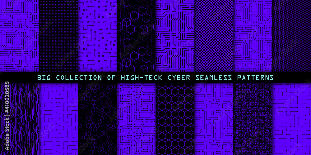 Poster Set of seamless cyber patterns. Circuit board texture. Digital high tech style vector backgrounds.