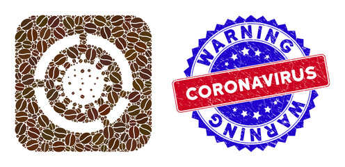 Vector mosaic covid diagram and grunge bicolor Warning Coronavirus seal stamp. Mosaic covid diagram designed as stencil from rounded square with cocoa grain.