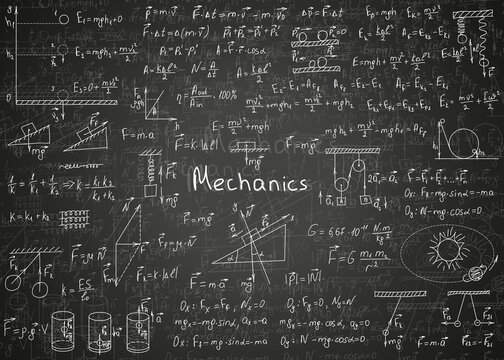 Physics formulas drawn by hand on a black unclean chalkboard for the background. Vector illustration.