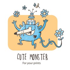 Card with  cute cartoon monster and  flowers. Vector illustration for kids. Funny doodle creature print. Line art poster.