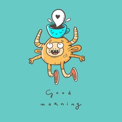 Card with  cute cartoon monster and  cup of coffee. Good morning wishes. Funny doodle creature print. Line art poster.