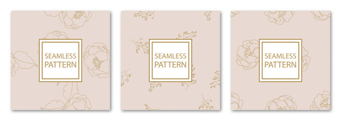 3 Different flower vector seamless patterns. Romantic chic floral textures can be used for printing onto fabric and paper or scrap booking. Pink, white and gold colors. For baby, girl and woman.