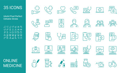 Set of line icons of online medical consultation. Online doctor, online medicine. Editable vector stroke. 64x64 Pixel Perfect.