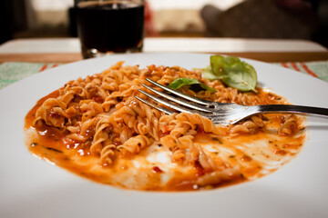 Plate of traditional pasta with tomato sauce eaten not finished, fork on the plate. Selective focus,